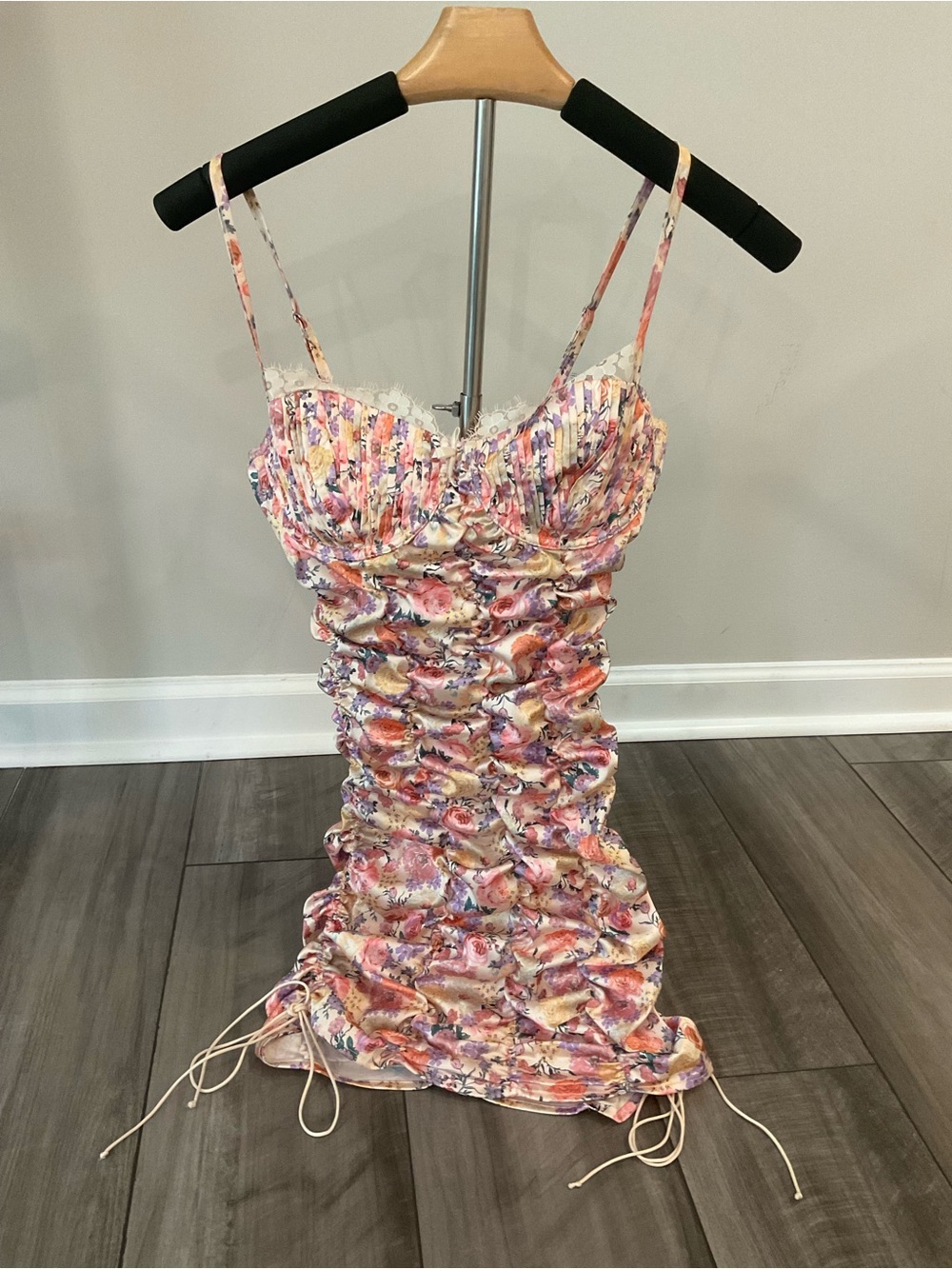 For Love & Lemons Pastel Floral Ruched Mini Dress